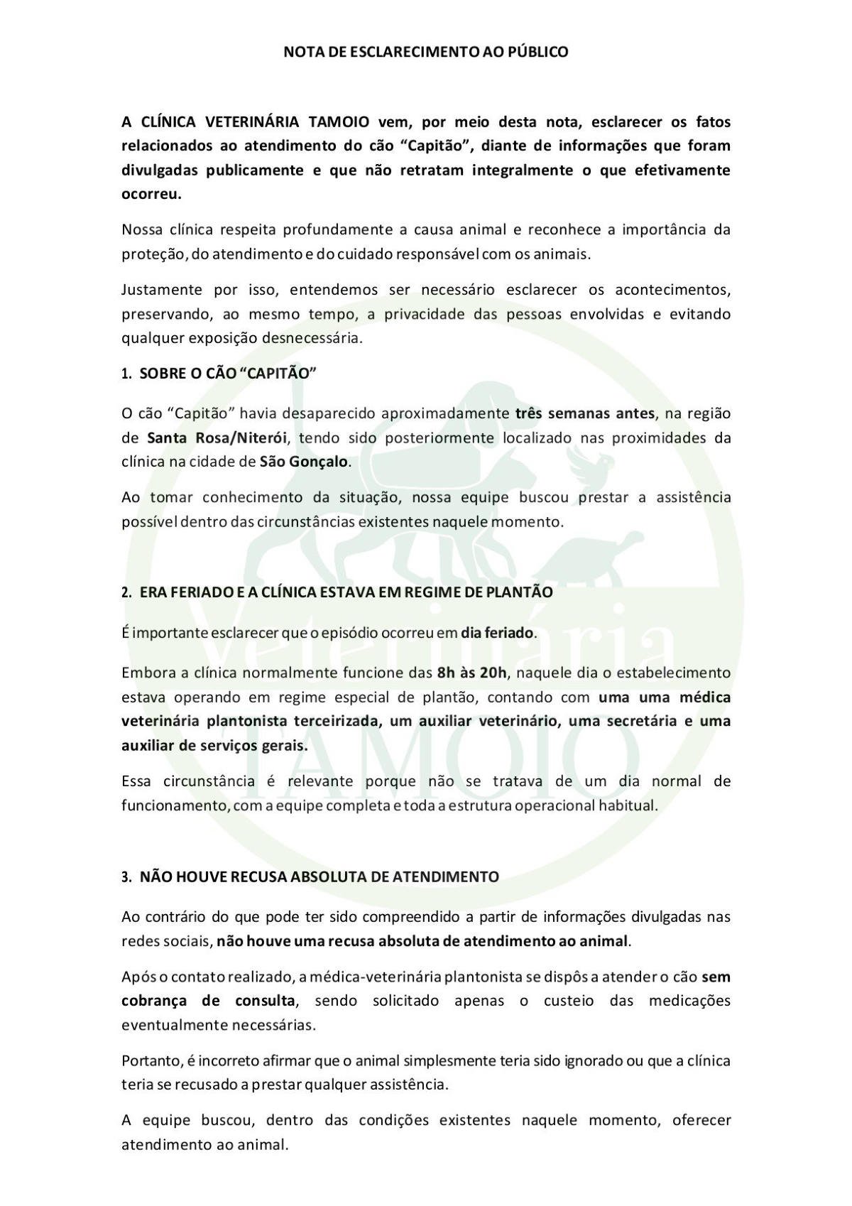 Página 2 de 6: sobre o cão Capitão, o regime de plantão no feriado e a inexistência de recusa absoluta de atendimento
